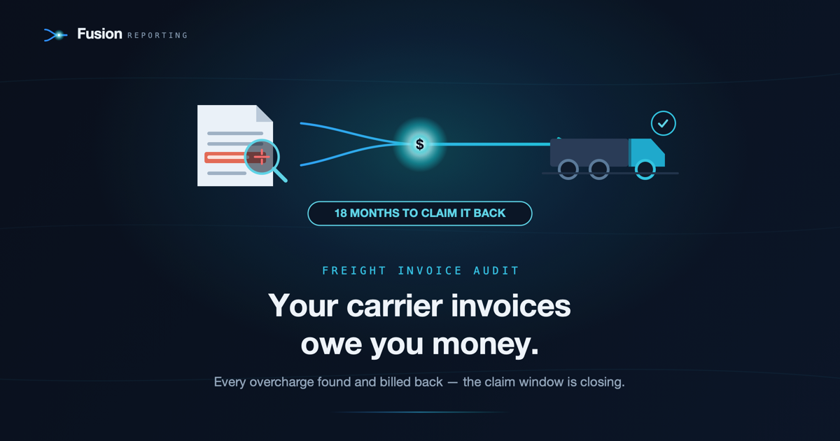Carrier freight invoices reconciled line by line against a shipping rate agreement, with overcharges highlighted for recovery (Fusion Reporting)